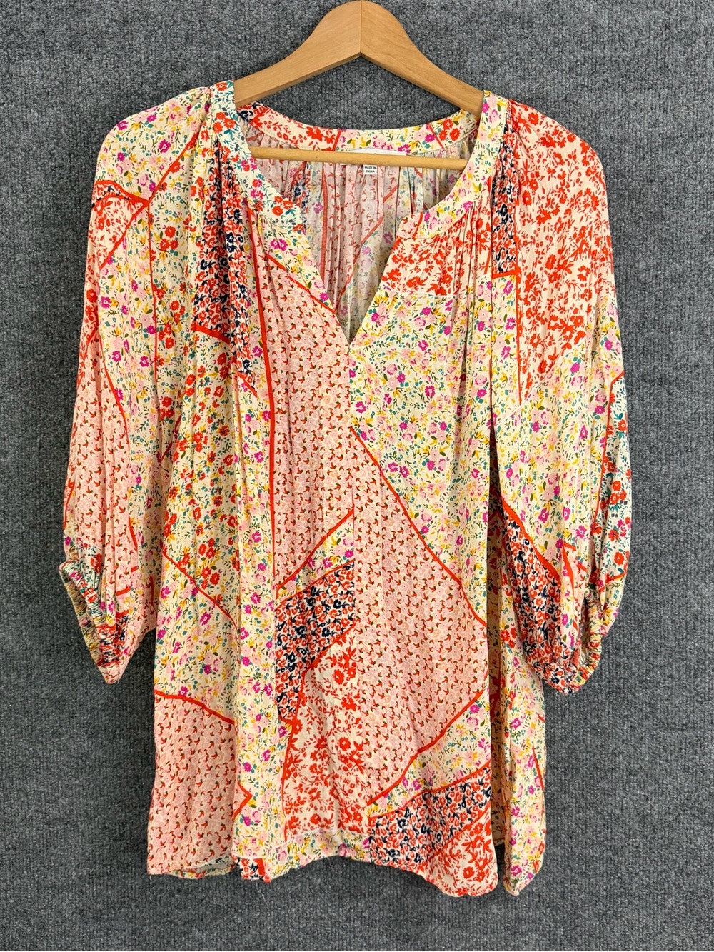 Rose+ Olive Womens 1X Floral Boho Patchwork Top Multicolor 3/4 Sleeve Office